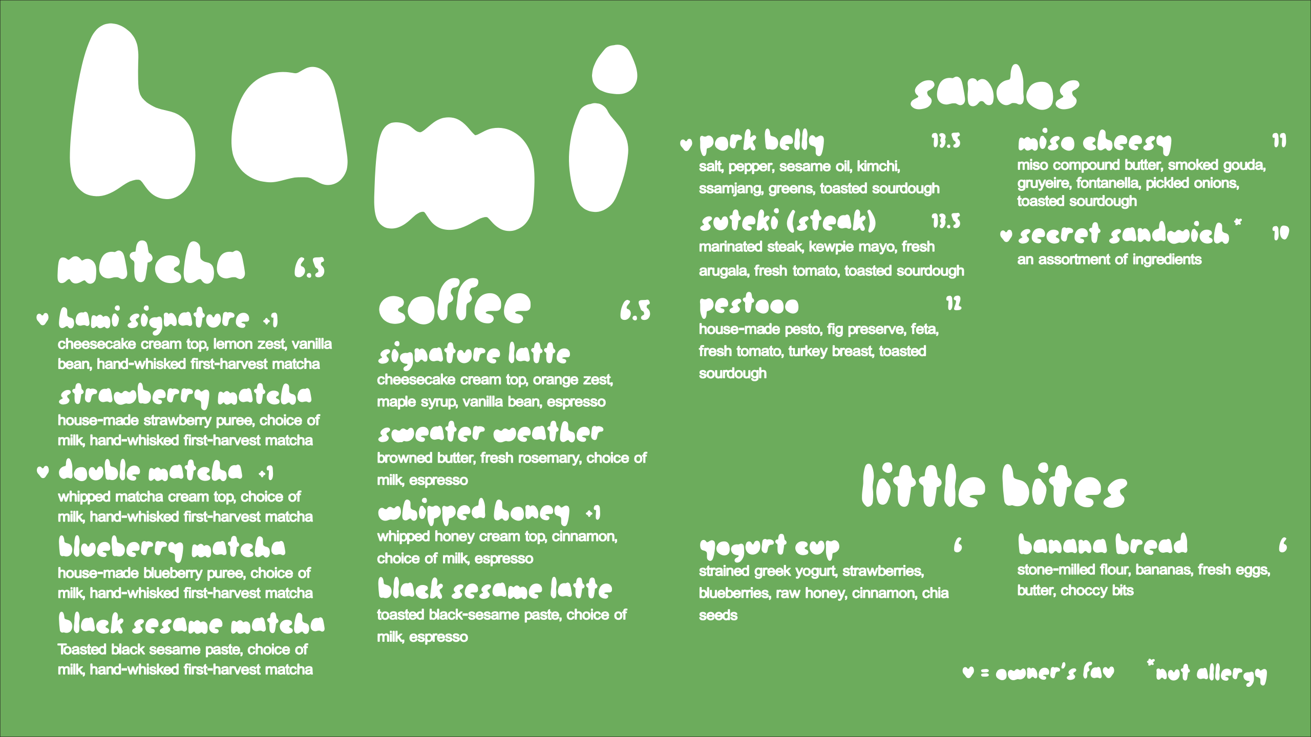 HAMI Menu Board - Matcha drinks, coffee, sandos, and little bites
