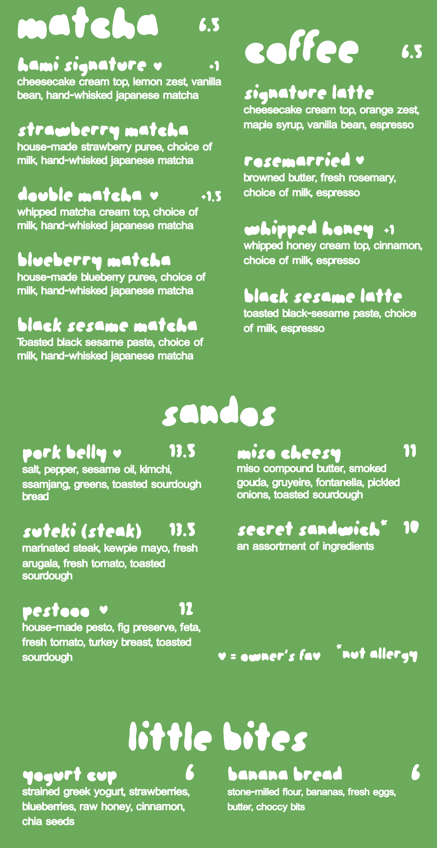 HAMI Menu Board - Matcha drinks, coffee, sandos, and little bites